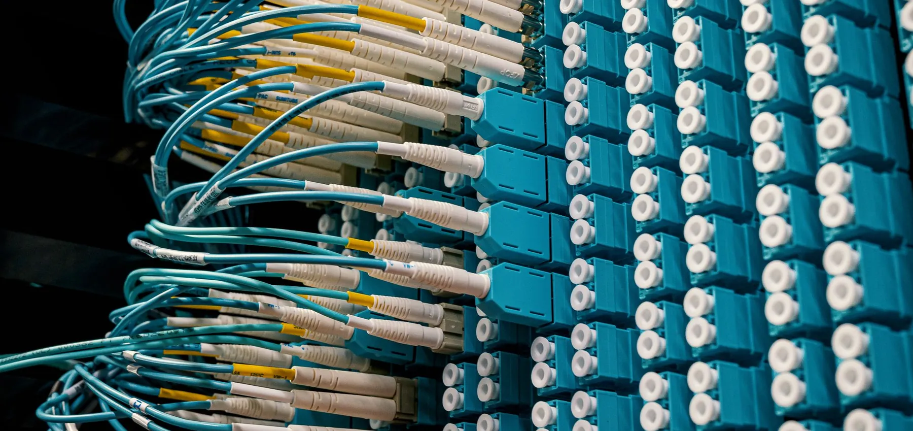 Cordons de fibre optique sur une baie de brassage